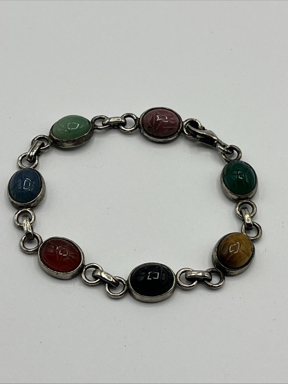 Vintage Sterling Silver Multicolor Gemstone Carved Scarab Beetle Bracelet